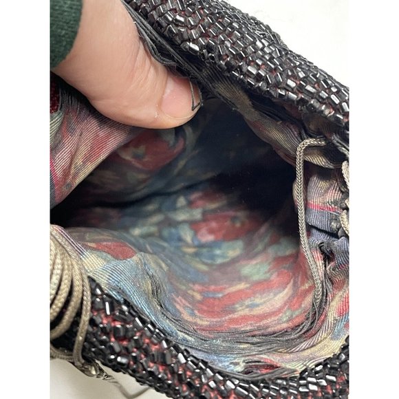 Antique Vintage 20th C.  Dark Black Red Beaded Flapper Art Deco Glass Purse Bag - Picture 2 of 16